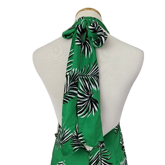 Jumper Women's Small Sleeveless Halter Tie Neck Wide Leg Green Tropical Print - Picture 7 of 9
